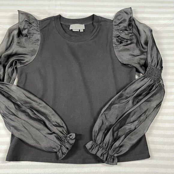 by Anthropologie Shirt Womens Medium Black Puff Sleeve Mixed Media Ruched Satin - Picture 1 of 7